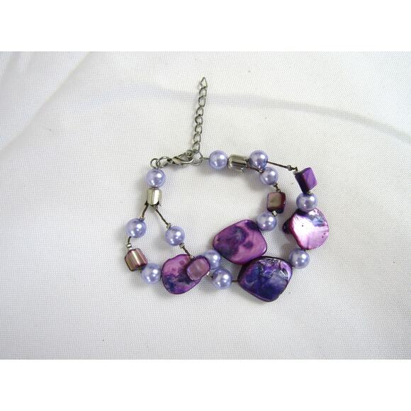 None Jewelry - Silver Tone Purple Bead Charm Bracelet Boho Cottagecore Festive 6 1/2" Boho